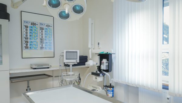 Behandlungsraum der Kleintierpraxis Mosbach mit OP-Leuchte, Überwachungsmonitor und Behandlungstisch